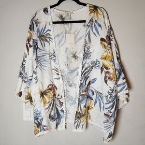 NWT One Size 100% Linen Kimono Francesca Bettini White Blue Brown Floral